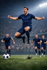 Male football player jumping in triumph during night match. Concept of winning spirit, peak performance, competitive success and sports marketing communication.