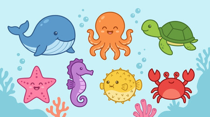 Obraz premium Charming collection of adorable marine animals in a playful vector illustration style, perfect for children's books, educational materials, and underwater adventure themes