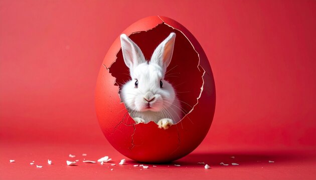 Adorable white rabbit emerging from cracked red Easter egg