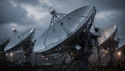 Rainsoaked satellite downlink dish array captured midreception in medium shot main dish clear while other dishes fade softly in the wet blurred environment.