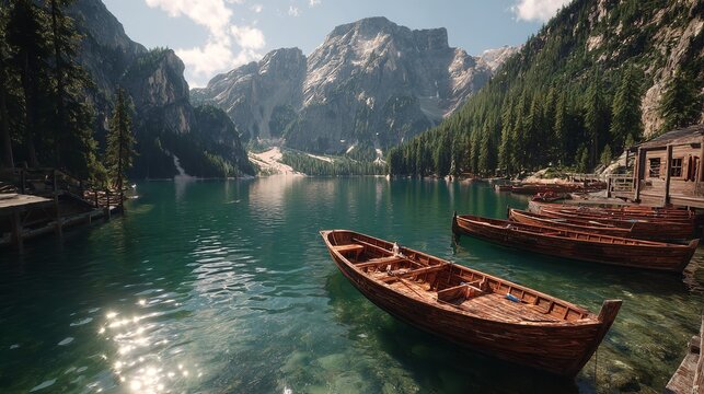 Boats on the Braies Lake (Pragser Wildsee) in Dolomites