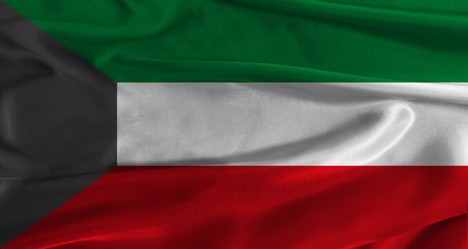 Flag of Kuwait with fabric textured background. Close up of National flag of Kuwait with realistic texture