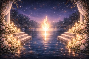 Golden Fire Flame Reflection Over Lake with Candlelit Marble Steps
