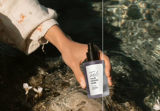 Cosmetic Spray Bottle Mockup in Natural Water Scene