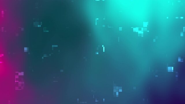 Deep turquoise and vibrant pink cyberpunk digital abstract motion background. Glowing tech glitch squares on smooth gradient. Perfect for futuristic sci-fi designs. 4k 15s non-loop.
