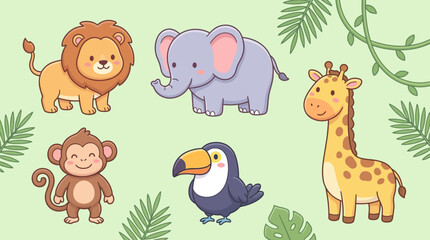 Obraz premium Cute jungle animal characters vector bundle with lion, elephant, monkey, toucan, and giraffe on a light green background with leaves