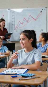 Smiling students engaged in classroom learning with charts and graphs in the background showing data analysis