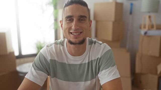 Man smiling at camera in striped tshirt with stacked cardboard boxes, packing tape, potted plant and lamp in apartment living room; hopeful.
