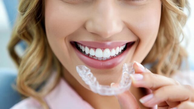 Invisible teeth aligner for orthodontic treatment slow motion, clear dental braces for straightening teeth, modern oral care, cosmetic dentistry, healthy smile, innovative orthodontic appliances
