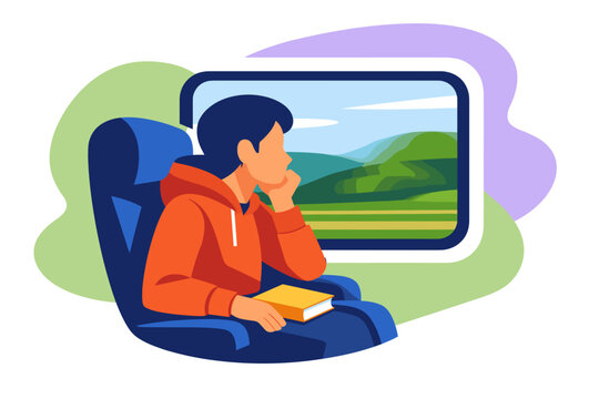 Person sitting on a train looking out the window at a landscape.