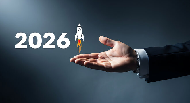 2026 Business Launch Vision Rocket Hand Gesture Signifying Innovation