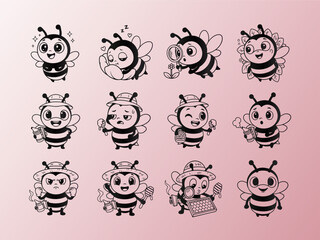 Adorable Cartoon Bee Character Set: Happy, Sleepy, Curious, and Beekeeper Mascots in Outline Style