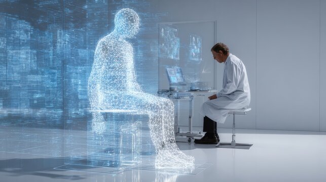 Doctor consulting holographic patient twin in sleek clinical lab, seated at workstation analyzing wireframe anatomy and data overlays, soft blue lighting, calm focused atmosphere, telemedicine
