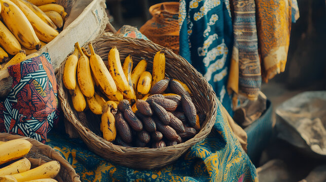 Nigerian Summer Market With Plantains Adire Textile