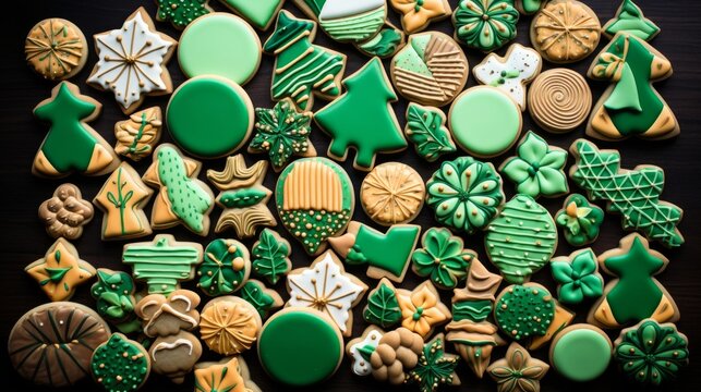 Overhead Display of Varied Shape Cookies with Green Icing on a Dark Brown Tabletop for St Patricks Day Baking Concept