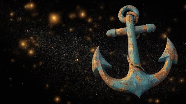 A weathered, textured anchor against a starry background. The anchor is blue with brown rust