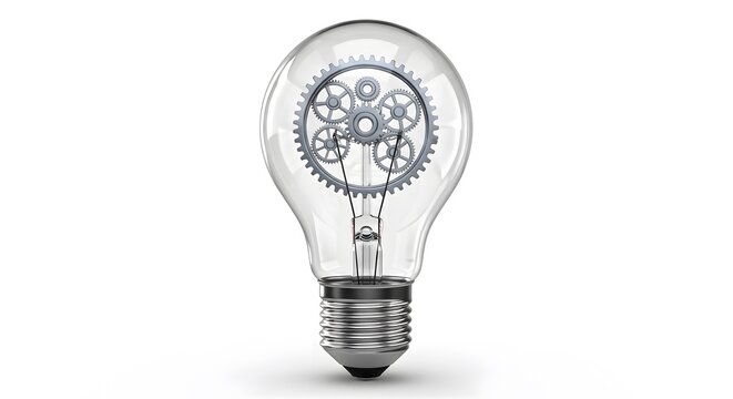 A conceptual image of a clear light bulb containing multiple interlocking silver metal gears. Represents the mechanics of an idea, engineering, innovation, and teamwork on a white background.