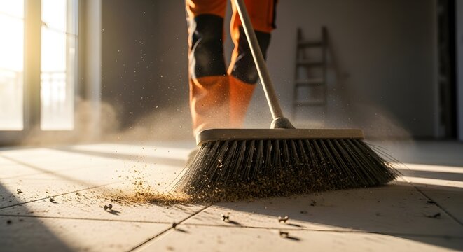 Sweeping Up Debris And Dust On A Construction Site Floor With A Broom