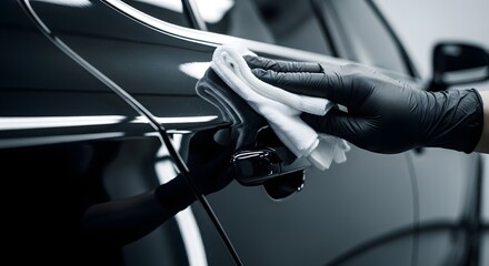 Obraz premium Hand In Glove Buffing A Shiny Car Door With A Microfiber Cloth