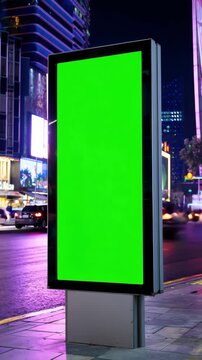Chroma key digital billboard in neon night city with timelapse traffic light trails, immersive urban media mockup, experiential out of home advertising space, futuristic attention economy branding