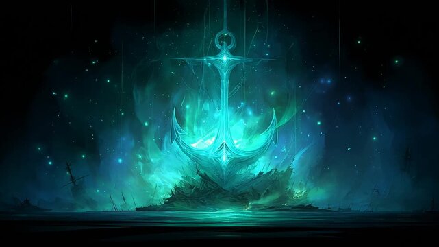 A surreal, ethereal image features a glowing anchor shape emerging from a sea, amidst starry sky