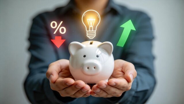 Financial growth and savings concept with piggy bank and glowing lightbulb,percentage arrows showing profit increase and decrease investment strategy planning