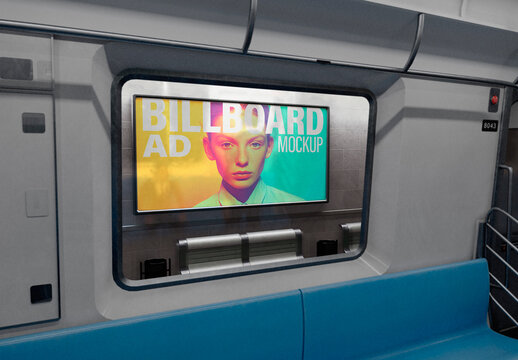 Billboard Advertising Mockup Viewed from Inside Subway Train Interior