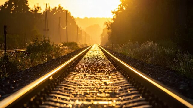 Golden sunlight bathes railway tracks stretching into the distance