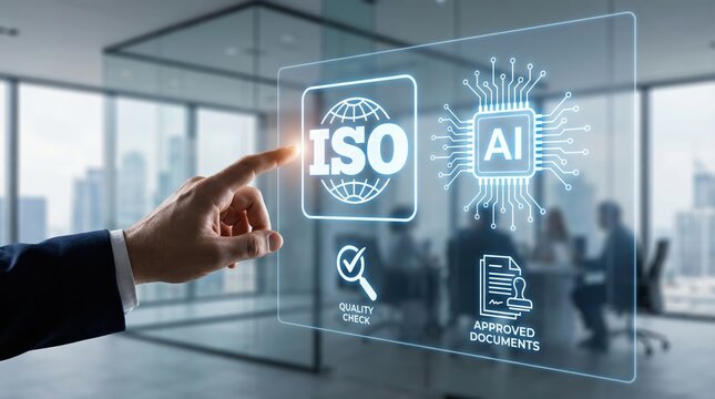 Businessman's hand touching digital ISO certification and AI integration interface in a modern office for quality management and technological advancement concept.