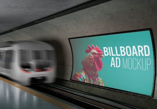 Metro Station Billboard Mockup with Motion Train and Urban Advertising
