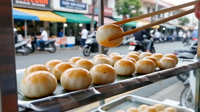 Street food vendor showcasing freshly made dumplings on a busy city street with colorful shop awnings and pedestrians in the background