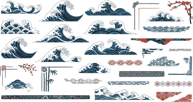 set of japanese wave element. asian border isolated on a white background.