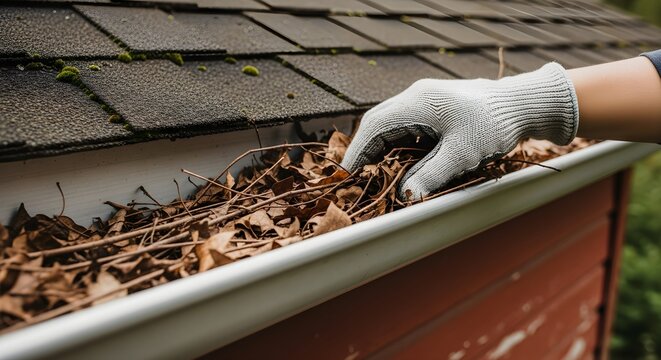 Cleaning Gutters With Gloves To Remove Dry Leaves And Debris From The Roof