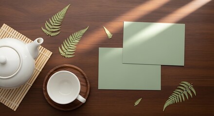 Fototapeta premium Cozy Tea Time Setup with Green Cards and Natural Light.