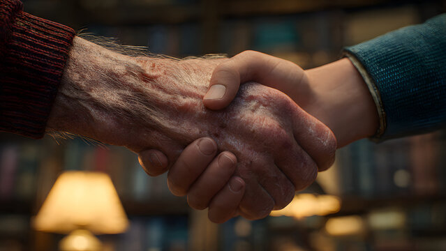 shot of old man's calloused hands scrolling mouse on laptop beside coffee mug on cluttered desk, detailed finger details, liver spots, bokeh bg