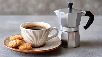 A stylish coffee setup featuring a metallic espresso maker, a cup of coffee, and delicious cookies on a decorative plate.