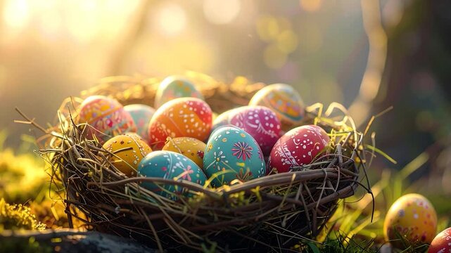 Colorful, decorated eggs nestled in a woven basket amidst sunlit greenery