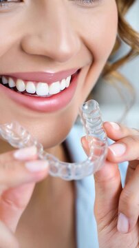 Close-up of smiling woman holding transparent night guard mouthguard, bruxism teeth grinding protection, occlusal splint for TMJ pain relief, jaw clenching therapy, sleep dentistry