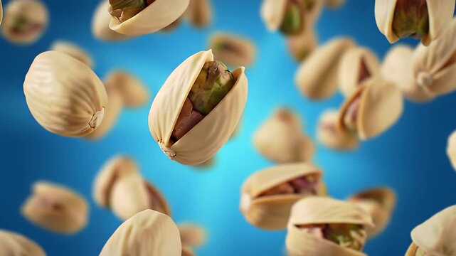 A dynamic shower of pistachio nuts in mid-air against a vivid blue background