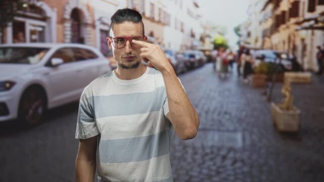 Man pointing finger to red glasses near face on cobblestone street with parked car and blurred pedestrians; confidence approachability.