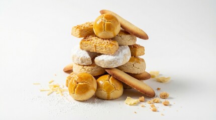 A neatly stacked pyramid of assorted cookies, biscotti, and wafers on a clean white surface viewed from a slight angle