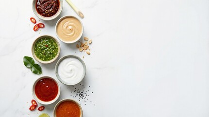 Assorted Sauces and Spices in Small Bowls on White Surface from Overhead Viewpoint
