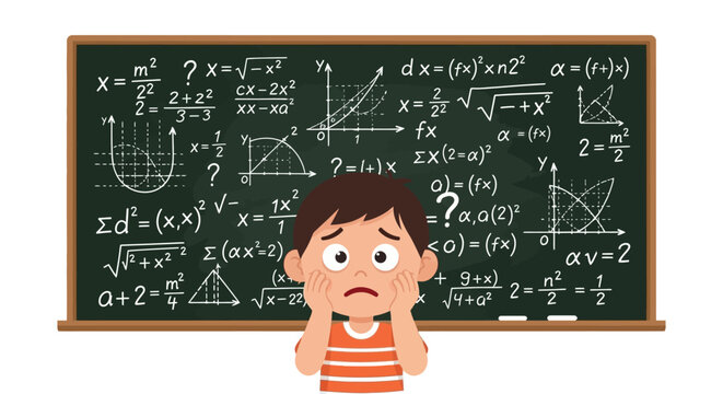 Young student feeling overwhelmed and stressed by intricate mathematics displayed on a blackboard, a clear depiction of academic struggle