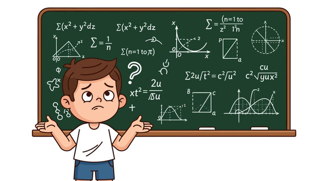 Young student looking confused by complex mathematical equations and diagrams on a blackboard
