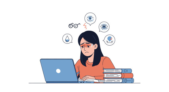 Stressed woman battling digital eye strain and vision problems from prolonged laptop screen time, an illustration highlighting the health challenges of modern work and technology overuse