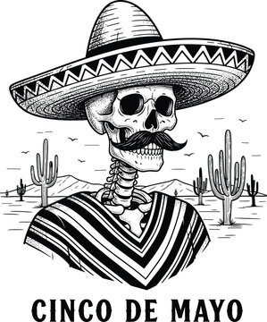 Cinco De Mayo Skeleton Mariachi in Desert Landscape Illustration, Silhouette, vector