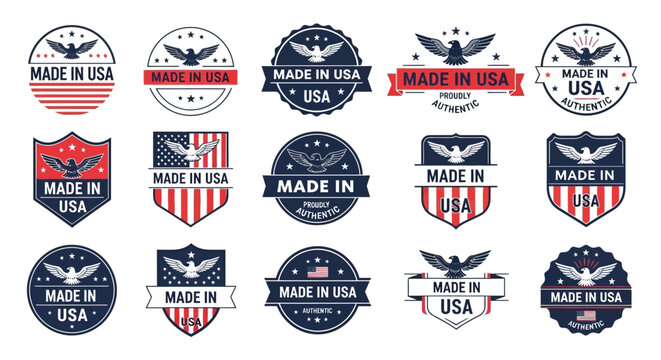 Collection of American made emblems and badges with eagles and flags in various designs and shapes