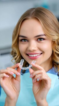 Close up portrait of smiling woman showing transparent night dental splint in clinic, preventive solution for jaw tension and sleep bruxism, modern oral protection concept with healthy bite support