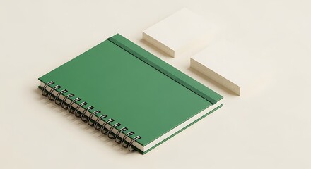Fototapeta premium Green Spiral Notebook with Two White Rectangular Objects on a Light Background.