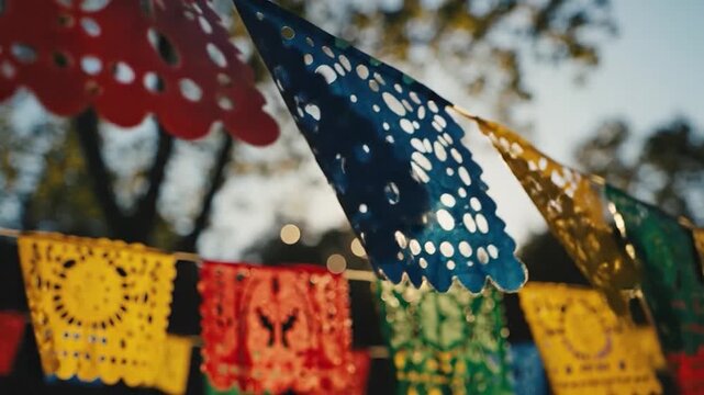Vibrant perforated paper banners hang outdoors, decorating a festive